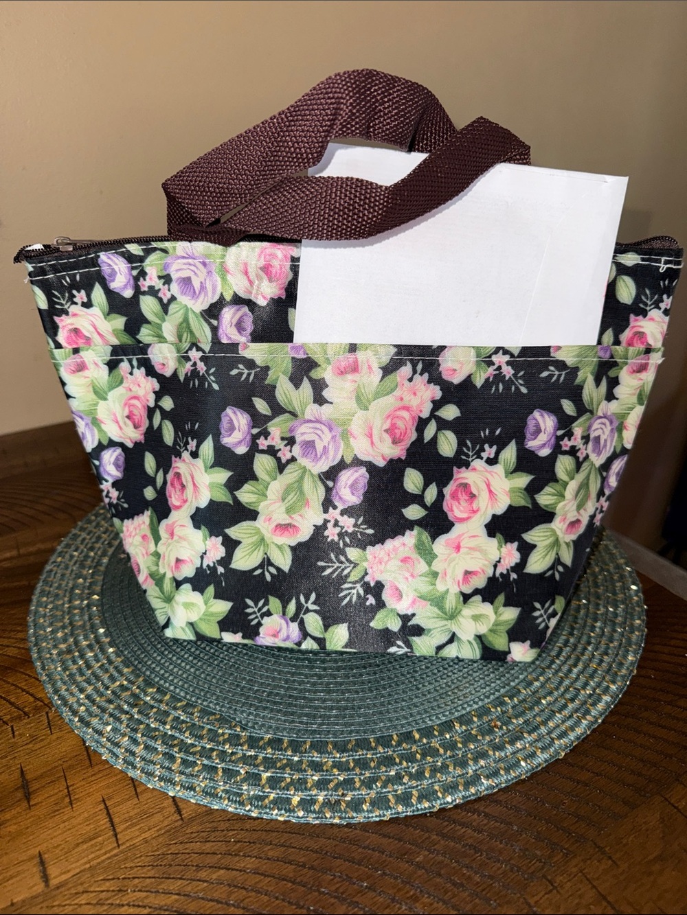 Floral lunch Tote Bag with Rose Print - Black/Pink/Purple